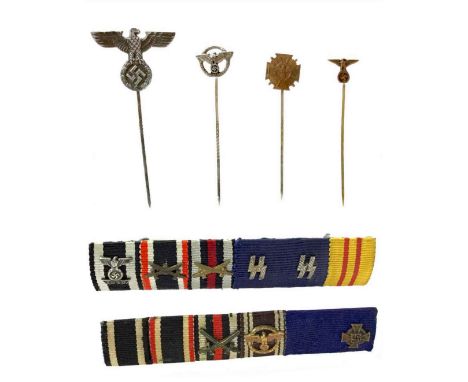 FOUR NSDAP POLITICAL PARTY STICK PINS, along with two medal ribbon bars (6)