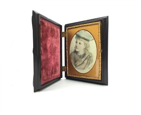CASED PORTRAIT MINIATURE, of a young girl in tartan, signed E Barnard, 9cm x 7cm, contained in ornate hinged frame, gilded mo