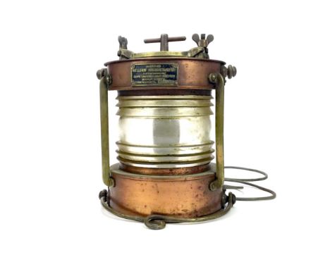 SHIPS COPPER AND BRASS MAST LAMP BY HARVIE, pattern no. 1338, applied maker's plaque no.B12089, ribbed shade, swing handles, 