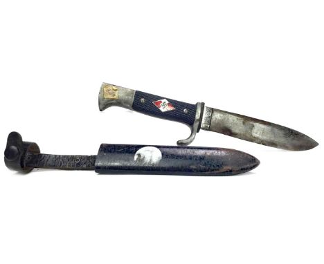 WWII GERMAN HITLER YOUTH DAGGER, the chequered grip inset swastika, the steel blade stamped Ed. Wusthof of Solingen, the reve