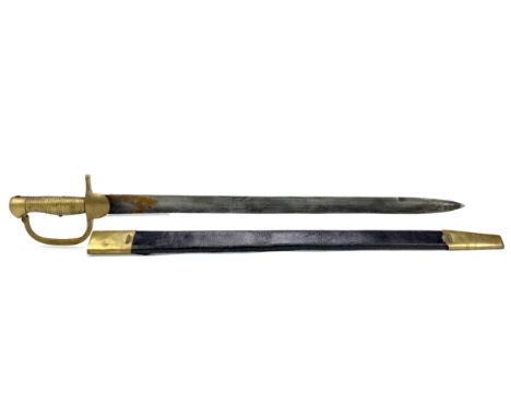 A SWORD BAYONET, of early 19th Century design, contained in a leather and brass mounted scabbard, 74cm long overall