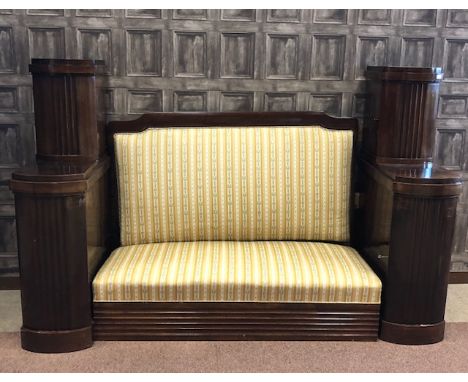 MAHOGANY HALL SOFA OF ART DECO DESIGN, the central two seat sofa upholstered in striped floral brocade, flanked by four outse