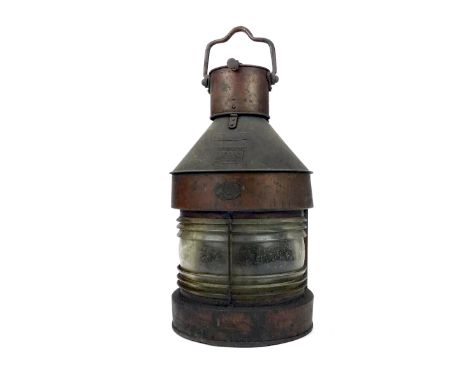 SHIPS COPPER MASTHEAD LAMP BY HARVIE, model 'Meteorite A18288', ribbed shade, 67cm high