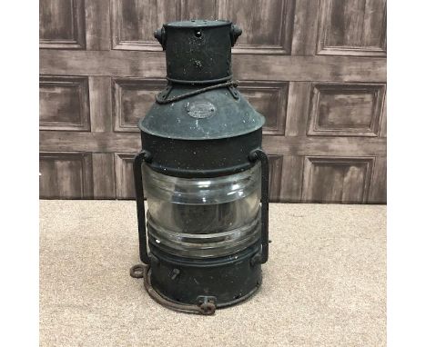 SHIPS COPPER MASTHEAD LAMP BY HARVIE, applied makers plaque, ribbed shade, swing handles, 52cm high