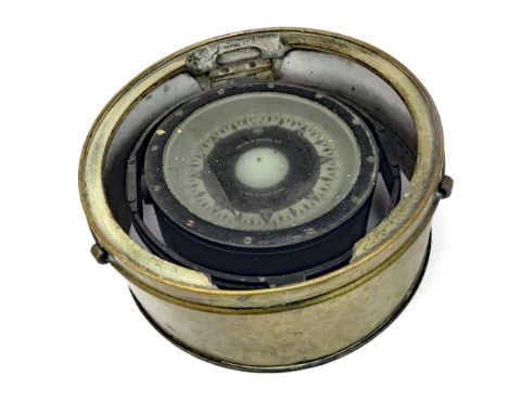 SHIPS BINNACLE COMPASS BY KELVIN &amp; HUGHES, serial no. 843 D.F., white dial with black markers, the brass hood with side l