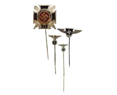 THIRD REICH STICK PIN FOR 25 YEARS SERVICE ON THE REISHSTREUBUND, the reverse stamped J. C. Gante Ges Gesght, along with thre