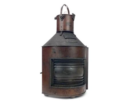 SHIPS COPPER PORT LAMP BY HARVIE, pattern no. 1305, applied maker's plaque no. B11146, ribbed shade, swing handle, 65cm high