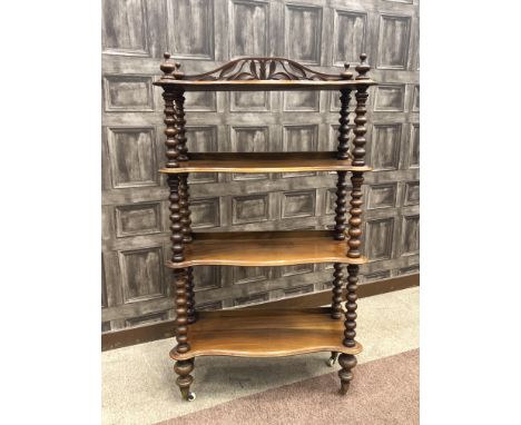 VICTORIAN WALNUT FOUR TIER WHATNOT, the later leaf carved cresting with four serpentine shelves below supported by bobbin tur