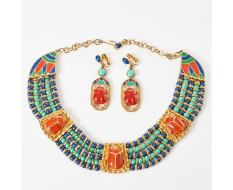 HATTIE CARNEGIE - Vintage Collier mit Paar Ohrclips mit Skarabäen (2 Teile)Hattie Carnegie, USA; Um 1970. Metall, Goldfarben.