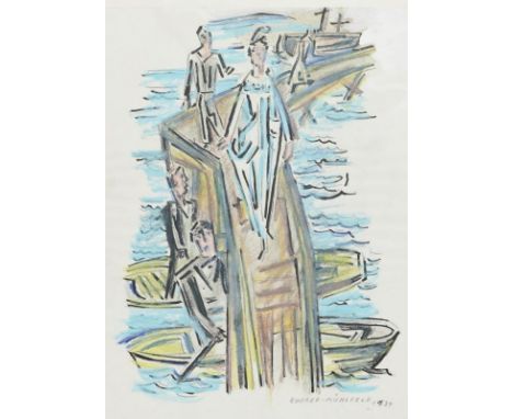 Fritz Burger-Mühlfeld1882 Augsburg - 1969 Hannover - Feine Gesellschaft am Wasser - Ölpastellkreide, Tusche/Papier. 60 x 40 c