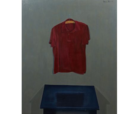 Dietmar Moews1950 Lauenau - Stillleben mit rotem Poloshirt - Öl/Lwd. 130 x 110 cm. Sign. und dat. r. o.: Dietmar Möws (19)74.