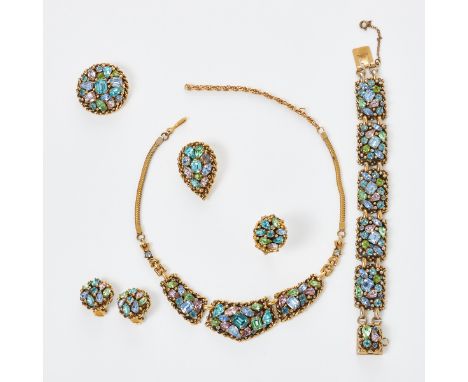 BARCLEY - Vintage Strass Parure mit Jaw Dropping Stonesbestehend aus Collier, Armband, Broschen, Paar Ohrclips und Ring 1950e
