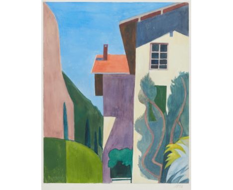 Ernst Wolfhagen1907 Hannover - 1992 - Häuser mit Büschen - Gouache/Papier. 41 x 32,5 cm. Monogr. r. u.: E. W. Auf dem Unterle