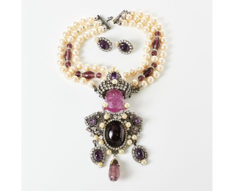 VRBA - riesige Vintage Buddhabrosche / -Collier mit Kunstperlen und Strass mit PaarOhrclips (3 Teile) Lawrence VRBA, USA; um 