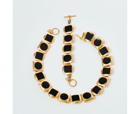 ANNE KLEIN - Vintage- Collier und Armband mit schwarzer EmailleAnne Klein, USA. Vintage aus den 1980ern. Metall, Goldfarben. 