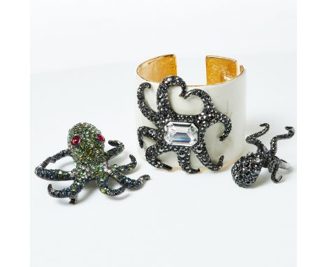 KJLANE - Vintage Tintenfisch-Set (3 Teile)Armreif, Ring und Brosche "Octupus" Kenneth Jay Lane, USA. Metall, schwarz rhodinie