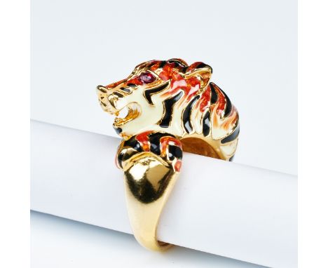 KJLANE - Vintage - Tiger-RingKenneth Jay Lane, USA. Metall, Goldfarben. Emaille, Strass. Ringgr. 60. Sign.: KJL Copywrite. Se
