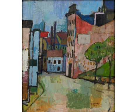 Künstler des 20. Jahrhunderts- "Häusergruppe in Dresden-Strehlen" - Öl/Holz. 56 x 46,5 cm. Sign. u. dat. r. u.: (unlesbar) 19