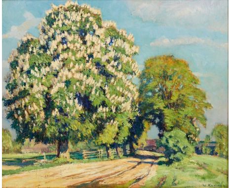 Walter Kuphal1890 Neuruppin - 1937 - Feldweg mit blühenden Kastanienbäumen - Öl/Holz. 50,5 x 60 cm. Sign. r. u.: W. Kuphal. R