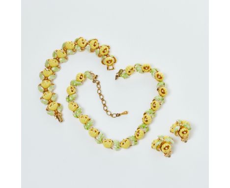 KRAMER - Vintage Parure in leutendem Gelb (3 Teile)Collier, Armband und Paar Ohrclips Louis Kramer, New York. Metall, Goldfar