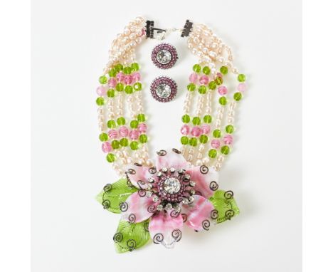 VRBA - riesige Vintage Blütenbrosche / Collier mit Perlen und Strass mit Paar Ohrclips (3Teile) Lawrence VRBA, USA; um 1970. 