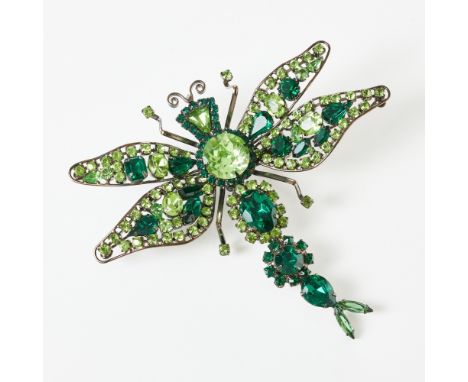 VRBA - riesige Vintage Libellenbroschemit grünem Strass Lawrence VRBA, USA; um 1970.Metall, Schwarz rhodiniert. Glas, Strass.