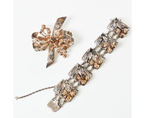 HOBÉ - Sterling Silber-Set (2 Teile)Armband und Brosche Hobé, USA. Ca. 1930-1940er Jahren. 925/- Sterling-Silber mit  585/- G