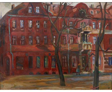 Hans-Joachim Fiedler1937 - ? - "Im Holländer Viertel" - Öl/Holz. 62,8 x 80,3 cm. Dat. r. u.: (19)81. Rückseitig auf Etikett b