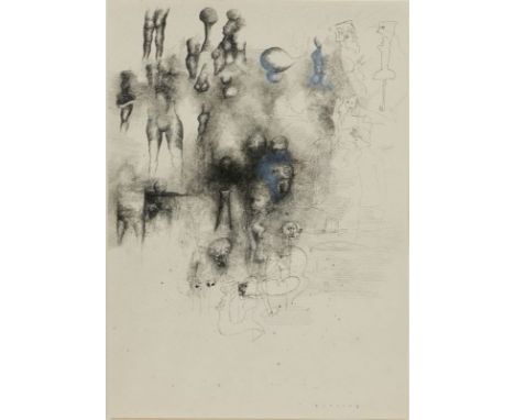 Werner Hilsing1938 Hannover - lebt in Abbensen - Figuren - Tusche, weiß gehöht/Papier. 37 x 26,5 cm. Sign. r. u.: Hilsing. Pa