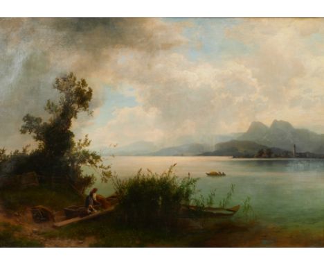 Bertha von GrabPrag 1846 - 1907 - Bauernszene am Chimsee - Öl/Lwd. 61,3 x 87,3 cm. Sign. r. u.: B. von Grab. Rückseitig auf E