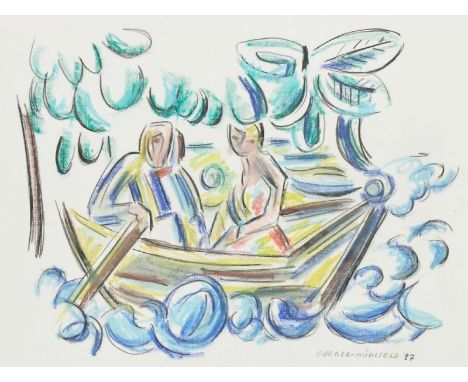 Fritz Burger-Mühlfeld1882 Augsburg - 1969 Hannover - Verliebtes Paar im Boot - Ölpastellkreide, Tusche/Papier. 60 x 40 cm. Si