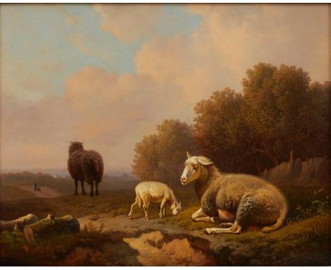 Louis Robbe1806 Courtrai - 1887 Brüssel - Schafe - Öl/Holz. 26,4 x 29,7 cm. Sign. r. u.: Robbe. Rahmen. Leichte Farbverluste 