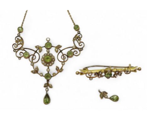 A 9ct gold peridot and pearl Edwardian necklace, length of chain, 42cm, weight 7gms, together with a 15ct similar peridot and