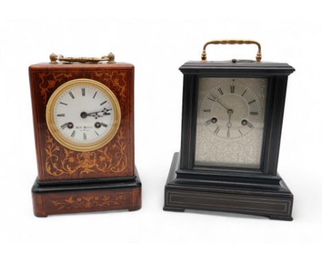 A French marquetry rosewood carriage clock, by Henry Marc of Paris, 21cm high, another ebonised French carriage clock, the mo