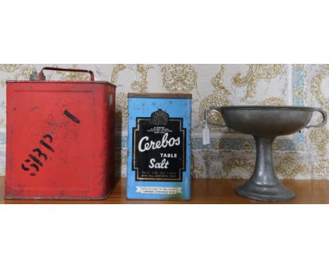 A lot comprising a SM &amp; BP petrol canister, Cerebos table salt advertising tin, vintage McEwan's Edinburgh beer bottle, a