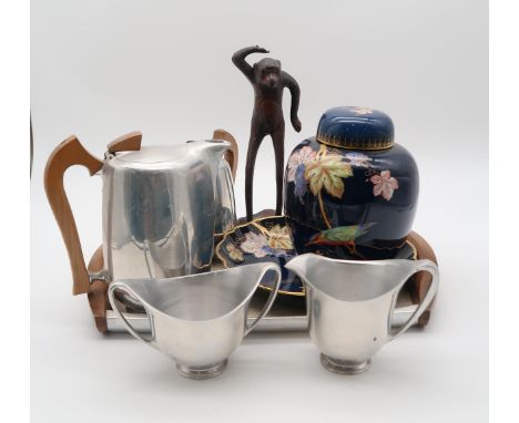 A picquotware set, a carltonware ginger jar and dish, and a bronzed figure of a monkey standing on a leaf (4) Condition Repor