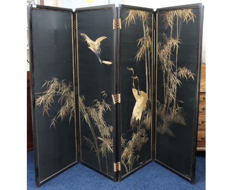 An early 20th century Oriental tapestry four fold room divider with ebonised frame, each panel, 171cm high x 60cm wide&nbsp; 