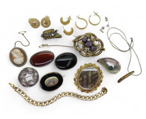 A gold-plated Mourning brooch, with woven hairwork, together with a Victorian style brooch set with Amethyst, and a collectio