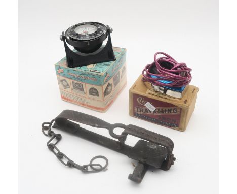 A cast iron gamekeeper's animal trap, boxed Silva marine compass, boxed "Clem" travelling iron, a pair of bellows etc. Condit