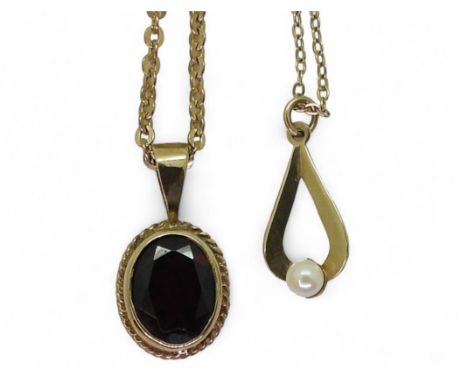 A 9ct gold garnet pendant and chain (clasp not gold) together with a 9ct pearl pendant and chain weight together 6.1gms Condi