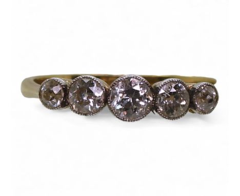 A bright yellow and white metal five stone diamond ring set with estimated approx 0.45cts of old cut diamonds, finger size N,