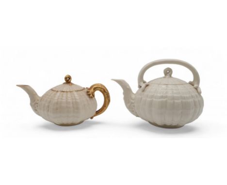 A Belleek 3rd mark Nautilus teapot, decorated with gilt, and another 3rd mark teapot (2) Condition Report:Available upon requ