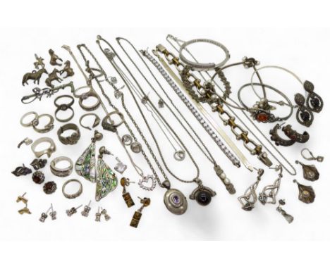Silver and white metal jewellery, including a silver marked locket set with Amethyst, a&nbsp;pair of 9ct gold horse earring s
