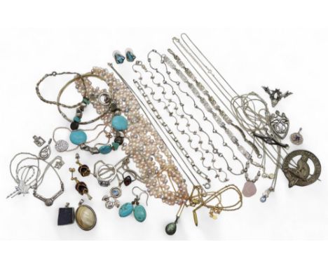 Collection of silver and costume jewellery to include examples of Celtic brooches, Mackintosh style jewellery, chains, a stri