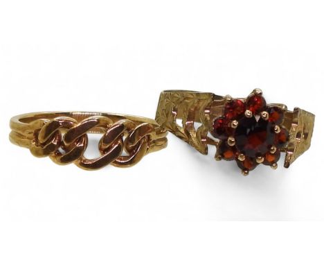 A 9ct gold retro garnet flower cluster ring, Birmingham hallmarks 1976, size P1/2, together with a 9ct gold knot ring, size M