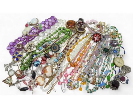 Collection of vintage costume jewellery, including various beaded necklaces, a grouse foot brooch, gem set brooches, and a ma