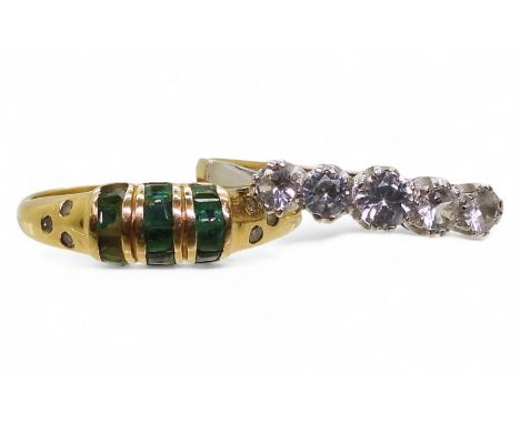 an 18t gold emerald and diamond ring (af), finger size Q, weight 3gms, together with a 9ct gold five clear gem set ring, size