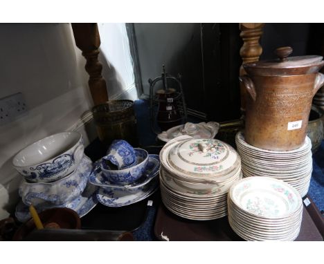 A collection of ceramics including Indian Tree pattern table wares, a stoneware storage jar with incised decoration, two bras