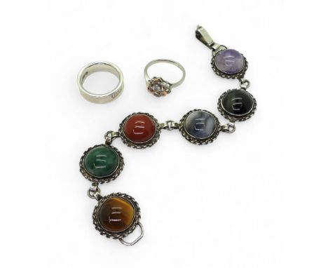 A Silver ring marked Tiffany &amp; Co., size T, together with a silver marked Scottish agate bracelet, and a Clogau double he