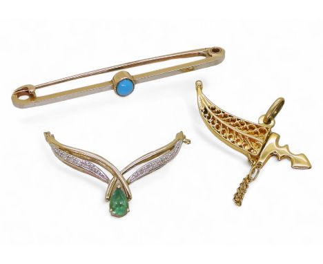 An 18ct gold dagger pendant, weight 3.5gms, a 15ct gold bar brooch set with turquoise, weight 2.8gms, and a yellow metal emer